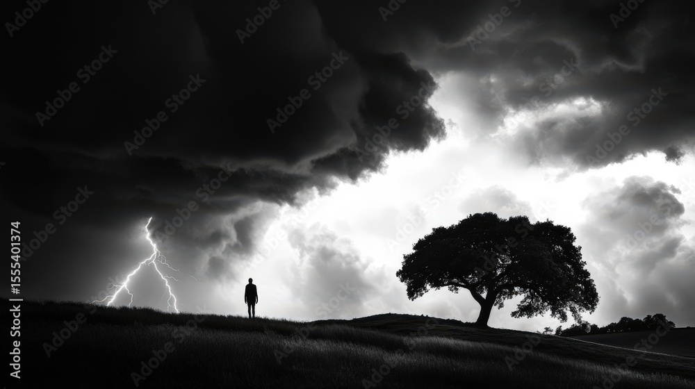 Lonely figure stands beneath dark clouds as lightning strikes a tree in ...