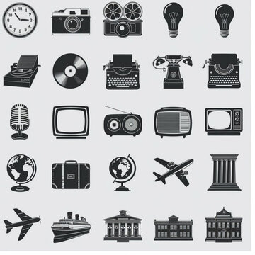 Collection of vintage technology and travel icons in silhouette style