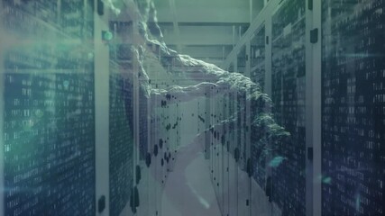 Poster - Floating code streams forming digital arm emerging at left side scanning server racks retracting