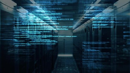 Poster - Blue code sliding through server corridor, intensifying into tunnel then receding to show data flow
