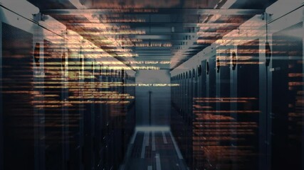 Poster - Amber code lines sliding along server aisle, intensifying data flow, receding to reveal corridor