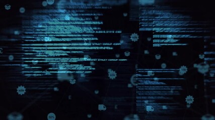 Poster - Scrolling blue code shifting and activating drifting ecommerce icon network, showing data exchange