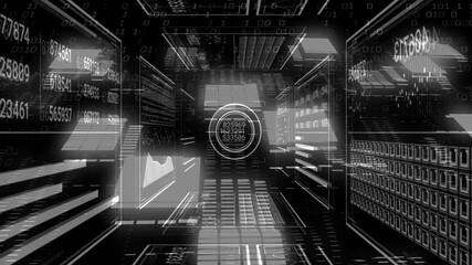 Poster - Dark data tunnel opening starting forward movement while panels updating and visualizing data flow
