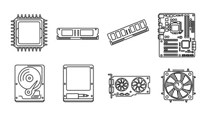 Poster - Outline drawing of computer components including cpu ram motherboard hdd ssd gpu and cooler fan