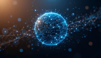 Poster - Glowing sphere conveys modern digital network technology, connecting data points in vibrant blue and orange hues, suitable for design and presentation.