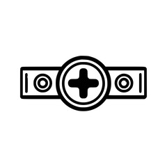 Fototapete - Black and white graphic of a plus sign inside a circle, flanked by rectangular shapes with circles.