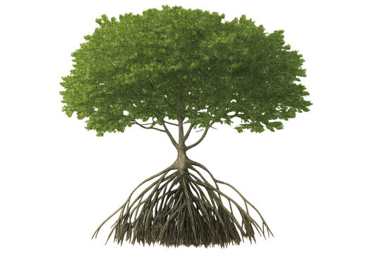 Photorealistic 3d rendering depicting mangrove tree with complex root network, verdant foliage, standing against transparent backdrop