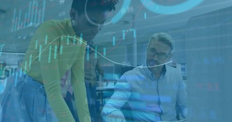 Poster - Younger woman walking behind seated man spreading finance reports and guiding chart overlays review