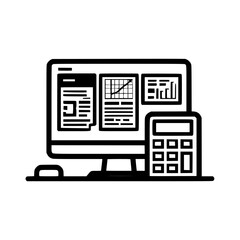 Fototapete - A computer monitor displaying financial data and a calculator, presented in a minimalist black and white illustration.
