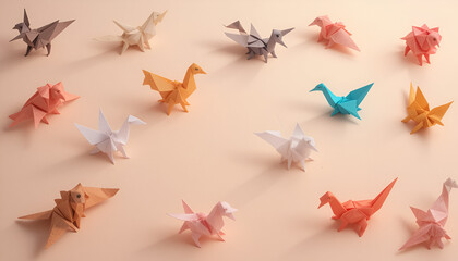 Aufkleber - Artistic array of origami creatures in multiple colors placed on a soft pink background showcases paper folding craft and decorative art.
