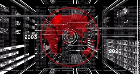 Poster - Opening wireframe tunnel, globe appearing with rotating ring and sliding year tags showing timeline
