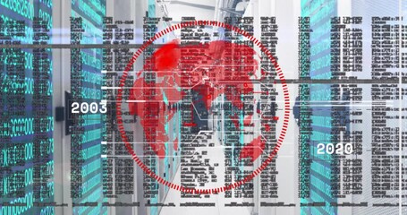 Poster - Initiating forward tracking down data corridor, red digital globe pulsing scan ring scanning data