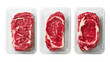 © CStock - Three cuts of fresh beef steak in clear plastic trays, ideal for culinary and grocery presentations.