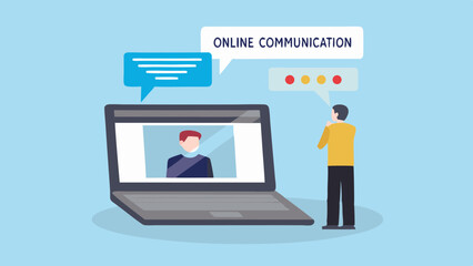 Poster - Man engages in online communication with another person via video call and chat bubbles