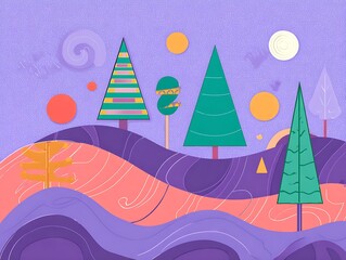Poster - Whimsical landscape with geometric abstract trees