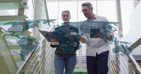 Poster - World map fading in initiating tech data review team stepping down swiping tablet flipping diagram