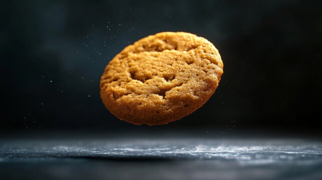 Cookie rendered with exaggerated textures, floating in spotlight against dark background generative ai