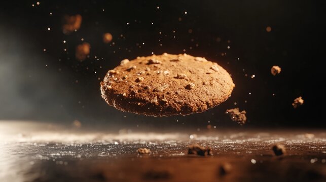 Cookie rendered with exaggerated textures, floating in spotlight against dark background generative ai