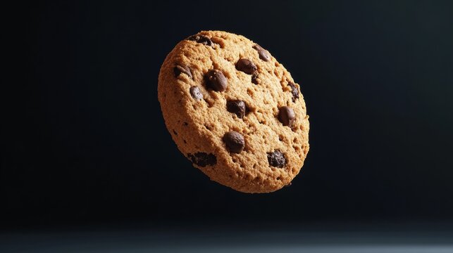 Cookie rendered with exaggerated textures, floating in spotlight against dark background generative ai
