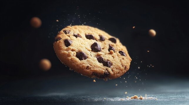 Cookie rendered with exaggerated textures, floating in spotlight against dark background generative ai