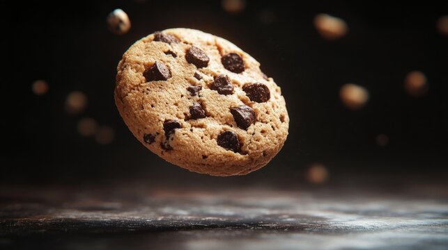 Cookie rendered with exaggerated textures, floating in spotlight against dark background generative ai