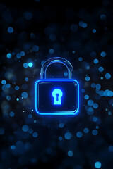 Poster - Glowing blue lock symbol surrounded by soft bokeh lights, representing security and protection