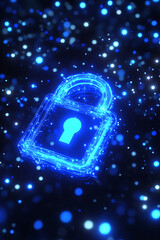 Poster - A glowing digital padlock symbolizing cybersecurity amidst a backdrop of shimmering blue particles