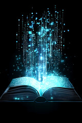 Poster - An open book emanating a cascade of glowing digital symbols against a dark backdrop