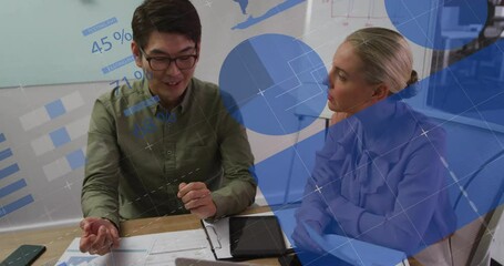 Poster - Two colleagues flipping binder pages causing analytics overlays during business data collaboration