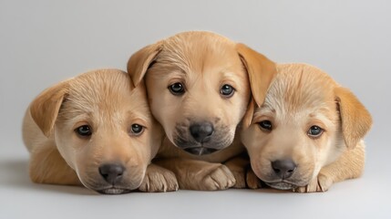 Poster - Adorable Labrador Retriever Puppies Relaxing Together in a Soft Light Setting, Capturing Their Gentle Expressions and Playful Nature in a Charming Close-Up Composition