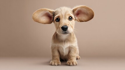 Poster - Adorable puppy with large floppy ears gazing curiously at the camera against a soft beige background, showcasing its playful and innocent personality in a charming portrait