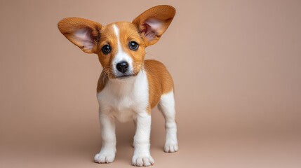 Poster - Adorable Puppy with Large Ears and Playful Expression Posing Against a Neutral Background for Pet Lovers and Animal Enthusiasts