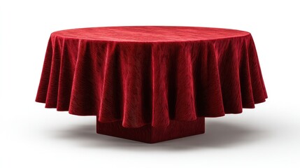 Poster - Elegant Round Table Covered with Rich Red Fabric Tablecloth, Perfect for Formal Dining or Festive Occasions, Creating a Warm and Inviting Ambiance in Any Setting