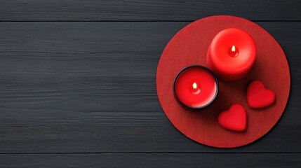 Poster - Tranquil Arrangement of Red Candles and Heart-Shaped Decorations on a Black Wooden Surface for Romantic and Cozy Atmospheres