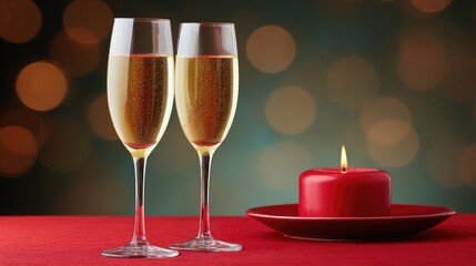 Poster - Elegant celebration scene featuring two champagne flutes with bubbles, a red candle, and a festive bokeh background for special occasions and joyful moments