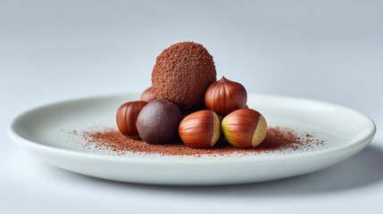 Poster - Gourmet Chocolate Treats Featuring Smooth Truffles and Whole Hazelnuts on a Elegant White Plate with Cocoa Powder Dusting for Culinary Art Displays