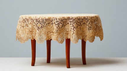 Fototapete - Elegant Round Table with Intricate Lace Tablecloth on a Simple Background, Perfect for Dining, Decoration, or Styling a Cozy Home Interior Space