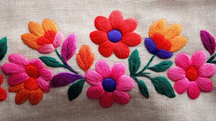 Fototapete - Vibrant Handcrafted Embroidery with Colorful Flowers on Natural Fabric Showcasing Intricate Needlework and Artistic Craftsmanship in Textile Art