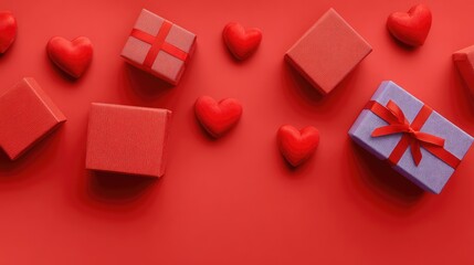 Poster - Colorful gift boxes and red hearts on a vibrant red background, perfect for celebrating love, gift giving, holidays, or special occasions that evoke joy and warmth.
