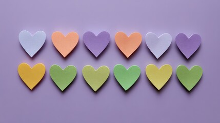 Poster - Colorful Hearts in Soft Pastel Shades Arranged on a Lilac Background Ideal for Romantic Themes, Invitations, and Creative Design Projects