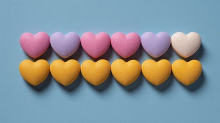 Poster - Colorful Heart-Shaped Candies in a Neat Line on Blue Background, Perfect for Celebrations, Valentine’s Day, or Sweet Treats, Evoking Happiness and Love