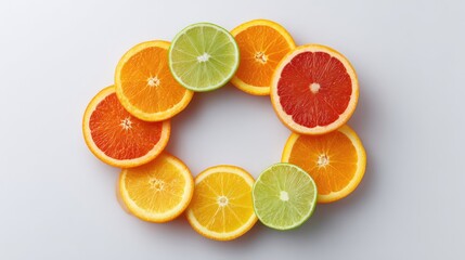 Poster - Colorful Arrangement of Fresh Citrus Fruit Slices Including Oranges, Limes, and Grapefruits on a Clean Surface for Healthy Eating and Cooking Concepts