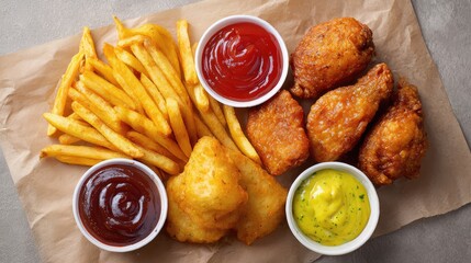 Poster - Delicious Golden Fried Chicken Wings with Crispy French Fries and Dipping Sauces Served on a Brown Paper Background Perfect for Comfort Food Lovers