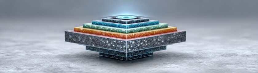 Poster - A futuristic, glowing, layered pyramid with textured surfaces floats above a gray reflective surface in a minimalist, sci-fi style setting.