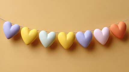 Poster - A Colorful Display of Heart-Shaped Decorations Hanging on a String Against a Warm Yellow Background for Festive or Romantic Occasions
