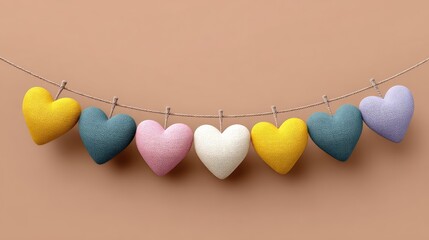 Poster - Decorative Hanging Hearts in Soft Pastel Colors on Trendy Beige Background for Valentine's Day or Romantic Themes, Ideal for Gifts and Crafts Photography