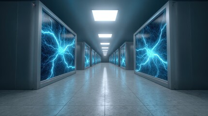 Poster - A futuristic hallway lined with digital screens displaying electric blue neural network patterns, creating a high-tech, cybernetic atmosphere.