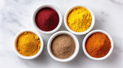 Poster - Vibrant Assortment of Spices in Small White Bowls on Marble Surface for Culinary Inspiration and Recipe Ideas in Cooking and Food Photography