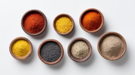 Poster - A Vibrant Collection of Various Spices in Bowl Arrangement on White Background Perfect for Culinary Imagery and Food Photography Inspiration for Recipes