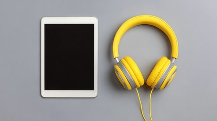 Poster - Modern Yellow Headphones Next to a Tablet on a Minimalist Gray Background, Perfect for Music and Technology Themes in Stock Photography